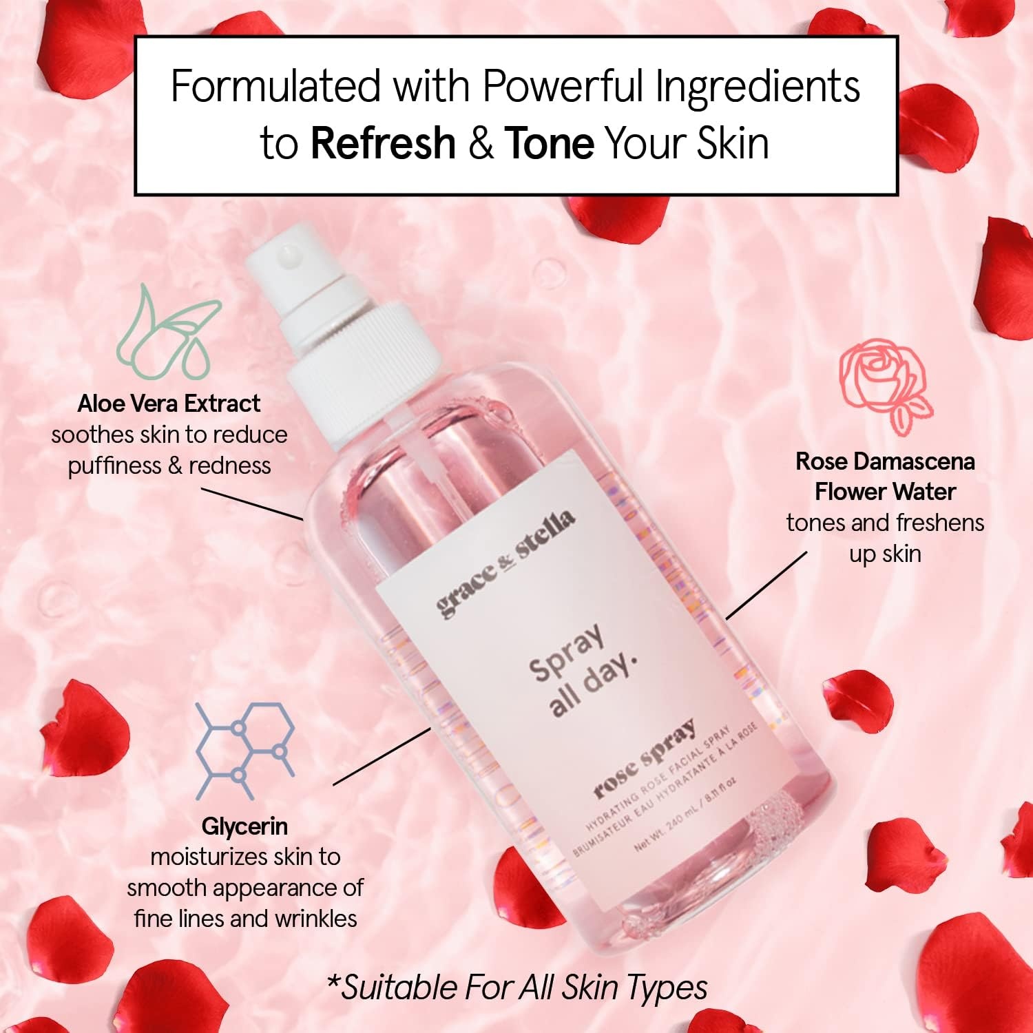 image:imagegrace amp stella Award Winning Rose Water Spray for Face with Glycerin amp Aloe Vera Travel Size 30ml Rosewater Face Mist for All Skin Types Hydrating Calming Rejuvenating Facial Toner Vegan30ml