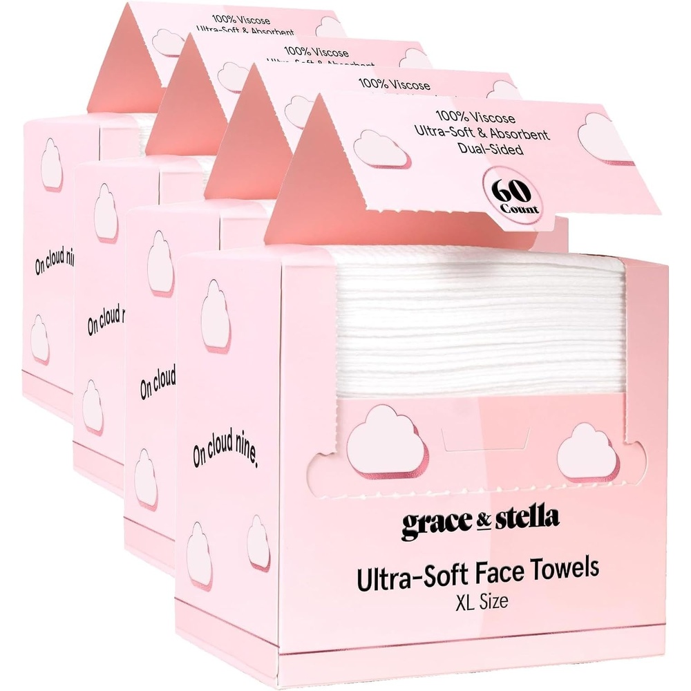 image:imagegrace amp stella Face Towels Disposable XL Travel Essentials 60 Count10 Inch x 12 Inch Pack of 4